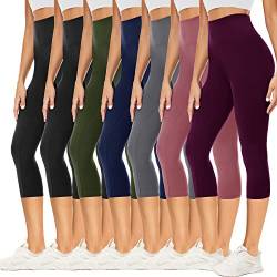 YOLIX 7er-Pack Capri-Leggings für Damen, hohe Taille, schwarz, weiche Workout-Yogahose, 2 x Schwarz, Lila, Dunkelrosa, Grau, Marineblau, Oliv, S/M von YOLIX