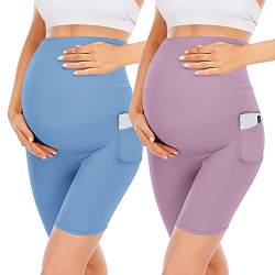YOLIX Schwangerschafts-Shorts über dem Bauch, hohe Taille, schwarz, Workout, 20,3 cm, Schwangerschaft, Biker-Shorts mit Taschen, 2 Stück, Himmelblau/Distel, X-Groß von YOLIX