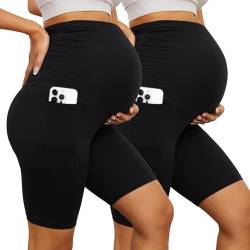 YOLIX Schwangerschafts-Shorts über dem Bauch, hohe Taille, schwarz, Workout, 20,3 cm, Schwangerschaft, Biker-Shorts mit Taschen, 2 Stück, Schwarz/Schwarz, X-Groß von YOLIX