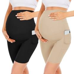 YOLIX Schwangerschafts-Shorts über dem Bauch, hohe Taille, schwarz, Workout, 20,3 cm, Schwangerschaft, Biker-Shorts mit Taschen, 2 Stück, Schwarz / Nude, Mittel von YOLIX