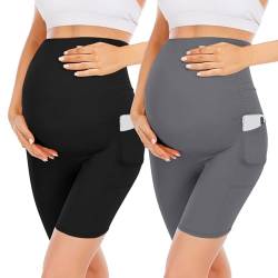 YOLIX Schwangerschafts-Shorts über dem Bauch, hohe Taille, schwarz, Workout, 20,3 cm, Schwangerschaft, Biker-Shorts mit Taschen, 2 Stück, schwarz / dunkelgrau, X-Groß von YOLIX