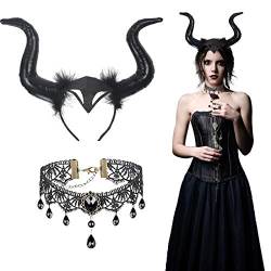 YOLOUP Königin Hörner kopfschmuck 2 Pcs kostüm Horn Haarreifen & Gothic Spitze Halskette Verstellbares Böse Hexenkostüm Damen Cosplay Zubehör für Maskerade Motto Karneval Party von YOLOUP