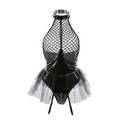 YOMORIO Dessous Damen Sexy, Reizwäsche Hochwertig Bodysuit Lackleder Rückenfreies Babydoll Unterwäsche Outfit Unterhose Negligee Nachtwäsche Gürtel Sexy Lingerie mit Gazerock von YOMORIO