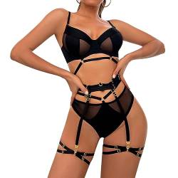 YOMORIO Dessous Damen Sexy Set, Strapsen Dessouse Sexy Nachtwäsche Reizwäsche Bodysuit Rückenfreies Babydoll Unterwäsche Outfit Unterhose Negligee Sexy 4-teilige Lingerie mit Strumpfband, Tanga von YOMORIO