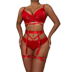 YOMORIO Dessous Damen Sexy Set, Strapsen Dessouse Sexy Nachtwäsche Reizwäsche Bodysuit Rückenfreies Babydoll Unterwäsche Outfit Unterhose Negligee Sexy 4-teilige Lingerie mit Strumpfband, Tanga von YOMORIO