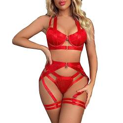 YOMORIO Dessous Damen Sexy Set, Unterwäsche für Frau Lingerie Set Reizwäsche Rückenfreies Dessouse 3tlg Negligee V-Ausschnitt Strapsen Dessous Sexy Set mit Strumpfband, BH und Höschen Nachtwäsche von YOMORIO