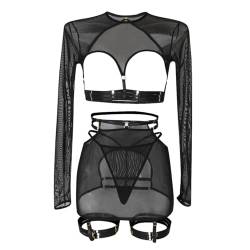 YOMORIO Sexy Damen Dessous Set, Erotische Translucent Spitze Riemchen Bodysuit Outfit Nachtwäsche Rückenfrei Reizwäsche BH und Höschen Sexy Unterwäsche für Frauen Strapsen Dessouse mit Beinbändern von YOMORIO