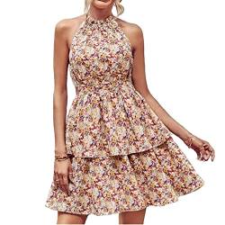 YOMORIO Sommerkleider Damen, Blumen Tunika Kleid Ärmellos Sommer Kleide Minikleid Vintage Freizeitkleid Kleider Elegant Boho Strandkleider Drucken Sommerkleid Kurz Schulterfreies Kleid Volantkleider von YOMORIO