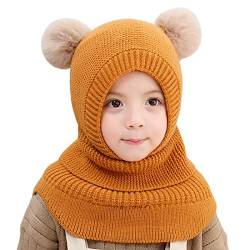 YONKOUNY Kinder Mädchen Wintermütze Warm Niedlich Schlupfmütze mit Bommel Beanie Strickmütze Schalmütze Fleece Mütze (Gelb) von YONKOUNY