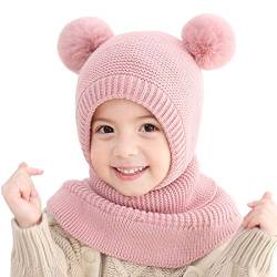 YONKOUNY Kinder Mädchen Wintermütze Warm Niedlich Schlupfmütze mit Bommel Beanie Strickmütze Schalmütze Fleece Mütze (Pink) von YONKOUNY