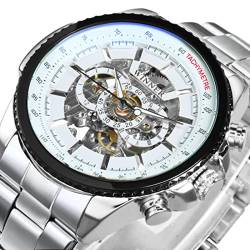 YONY Uhr für Männer Skeleton Automatic Mechanical Armbanduhren Top-Marke Luxury Gold Leather-Silver White von YONY