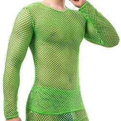 YOOBNG Herren Fischnetz Crop Tops Mesh T Shirt Durchsichtig Unterhemd Nachtwäsche Sheer Shirt, Langarm-Tops# Grün, M von YOOBNG