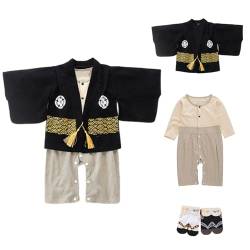 YOOCHUENG Baby Bodysuits Kimono Strampler Langarm Japanischer Baby Kimono Kleinkinder Onesies aus Baumwolle Kimono-Jacke für Baby Jungen mit 2 Paar Socken,Schwarz,95(Passend für 24-36M) von YOOCHUENG