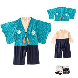 YOOCHUENG Baby Bodysuits Kimono Strampler Langarm Japanischer Baby Kimono Kleinkinder Onesies aus Baumwolle für Baby Jungen mit 2 Paar Socken,Blauer See,80(Passend für 12-18M) von YOOCHUENG