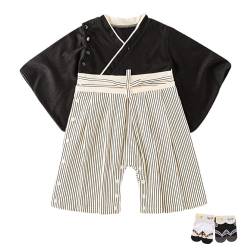 YOOCHUENG Baby Bodysuits Kimono Strampler Langarm Japanischer Baby Kimono Kleinkinder Onesies aus Baumwolle für Baby Jungen mit 2 Paar Socken,Schwarz,80(Passend für 12-18M) von YOOCHUENG