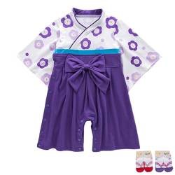 YOOCHUENG Baby Bodysuits Kimono Strampler Langarm Japanischer Baby Kimono Kleinkinder Onesies aus Baumwolle für Baby Mädchen mit 2 Paar Socken,Lila,90(Passend für 18-24M) von YOOCHUENG