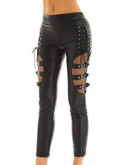 YOOJIA Damen Leggings Wetlook Lederhose Mittlere Taille Tights Hose Lederoptik Stretchhose mit Fischnetz Schnürung Leggings Black M von YOOJIA