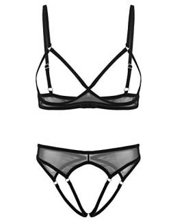 YOOJIA Damen Spitze Dessous-Set Brustfrei BH Hebe Büstenhebe Ouvert-String Tanga Slip Erotik Unterwäsche Rollenspiel Reizwäsche Schwarz F1 S von YOOJIA