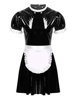 YOOJIA Herren Dienstmädchen Wetlook Sissy Dessous Cosplay Kostüm Kleid Lackleder French Maid Uniform Minikleid Satin Schürze Clubwear Schwarz L von YOOJIA