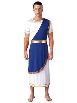 YOOJIA Herren Griechischer Gott Kostüm Kurzarm Retro Römische Toga Erwachsene Toga Kostüm Tunika mit Rand Blau L von YOOJIA