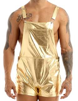YOOJIA Herren Latzhose Metallic Body Overall Jumpsuit Glitzer Latzshorts Hosenträger Shorts Hotpants Festival Kostüm Clubwear Gold L von YOOJIA