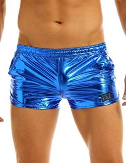 YOOJIA Herren Metallic Shorts Shiny Badehose Kurze Hose Sport Gym Boxershorts Retroshorts Jungen Lockere Trunks Blau L von YOOJIA