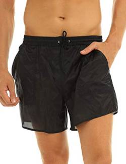 YOOJIA Herren Shorts Transparent Kurz Badehose Schwimmhose Bikinihose mit Netz Slips Sommer Strand Badeshorts Casual Shorts Bademode Schwarz L von YOOJIA