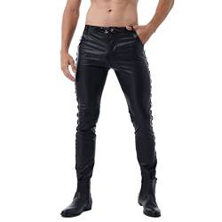 YOOJIA Herren Wetlook Hose Glänzend PU Leder Slim Fit Hose Motorad Biker Lederhose Clubwear Lange Hose Pants A Schwarz XXL von YOOJIA