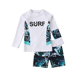 YOOJIA Kinder Bademode Jungen Zweiteiler Badeanzug und Badekappe Bade-Set Shark Muster Badeshirt Kurze Badehose Rash Guards Badebekleidung Weiss 110-116 von YOOJIA