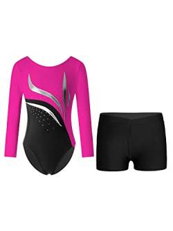 YOOJIA Kinder Mädchen Glitzer Turnanzug Langarm Trikot Leotard Gymnastikbody Tanz Body mit Shorts Kurze Hose Set Wettbewerb Tanzkostüm Hot Pink & Schwarz 134-140 von YOOJIA