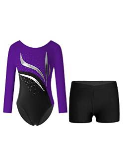 YOOJIA Kinder Mädchen Glitzer Turnanzug Langarm Trikot Leotard Gymnastikbody Tanz Body mit Shorts Kurze Hose Set Wettbewerb Tanzkostüm Lila & Schwarz 134-140 von YOOJIA