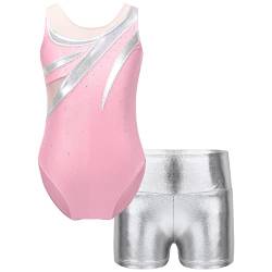 YOOJIA Kinder Mädchen Gymnastik Anzug Metallic Ballettanzug Mit Shorts Ärmellos Turnanzug Ballettbody Ballettshorts Tanz Kleidung Set Eiskunstlauf A Rosa 122-128 von YOOJIA