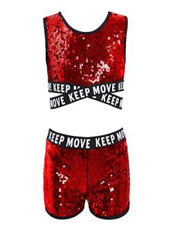 YOOJIA Kinder Mädchen Tanz Outfit Glitzer Pailletten Gymnastik Sport Kleidung Set Jazz Hip Hop Ärmellos Crop Top Metallic Shorts Trainingsanzug Rot A 134-140 von YOOJIA