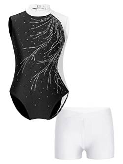 YOOJIA Kinder Mädchen Turnanzug Strass Leotard Ballett Trikot Ärmellos Tanzbody und Kurze Hose Ballettanzug Wettkampf Tanzkostüm D Weiss 158-164 von YOOJIA