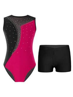 YOOJIA Kinder Mädchen Turnanzug Strass Leotard Ballett Trikot Ärmellos Tanzbody und Kurze Hose Ballettanzug Wettkampf Tanzkostüm E Hot Pink & Schwarz 122-128 von YOOJIA