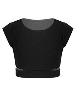 YOOJIA Mädchen Crop Top Kurzarm Shirt Sport Tanz Oberteil Bauchfrei T-Shirt Tank BH Tops Cutout Taille Ballett Top Workout BH Bustier Kurze Shirts für Kinder 5-14 Jahre A Schwarz 134-140 von YOOJIA