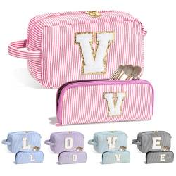 YOOLIFE Große Make-up-Tasche mit niedlichem Initialen-Motiv, rosa – Kosmetiktasche, personalisierte Geschenkidee für Frauen und ihren Geburtstag, Pink, V von YOOLIFE