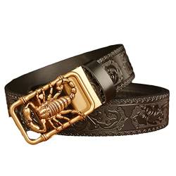 YOPADO Herren Ratsche Automatik Gürtel mit goldener Skorpion Automatikschließe Geprägtes Muster Ledergürtel Breite 3.5cm ,Größe Angepasst(125cm/waist:42"~44", Black) von YOPADO