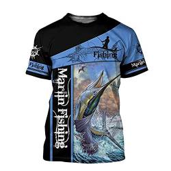 Barschfischen 3D-Druck T-Shirt Herren Jagd Sommer Casual Kurzarmhemd,Marlin,5XL von YOROOW-OUTDOOR