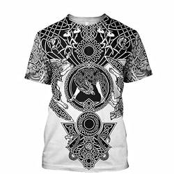 Wikinger Tattoo T-Shirt für Herren, Nordische Mythologie Kurzarm-Sommer Beiläufiges 3D Gedrucktes Cosplay Shirt (US-Größe),Fenrir Wolf,XL von YOROOW-OUTDOOR