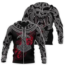 YOROOW-OUTDOOR Odin Thor Hammer Tattoo Hoodie für Männer, 3D Gedruckter Wikinger Langarm Hoodie Lässige Pullover Street Jacke,Zip Hoodie,M von YOROOW-OUTDOOR