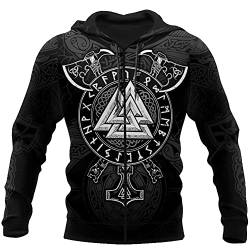 YOROOW-OUTDOOR Viking Odin Tattoo Hoodie für Herren 3D-Druck Herbst Casual Pullover Mit Großer Tasche Cosplay Jacke, US Grösse,Axe Zip Hoodie,5XL von YOROOW-OUTDOOR