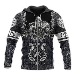 YOROOW-OUTDOOR Wikinger Odin Tattoo Langarm Sweatshirt für Herren, Nordische Mythologie Amulett Hoodie mit Print Lässige Pullover Retro Street Jacke,Zip Hoodie,5XL von YOROOW-OUTDOOR