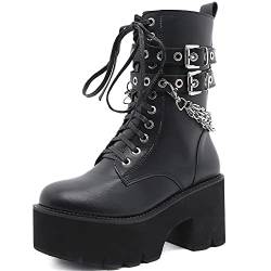 YORWOR Damen Mode Gothic Plateau Stiefeletten Hoher Absatz Wasserdichte Schnüren Kampfstiefel 230 von YORWOR