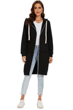 YOSICIL Damen Herbst Winter Outing Stil Frauen Warm Reißverschluss Öffnen Clubbing Dating Elegante Hoodies Sweatshirt Langen Mantel Jacke Tops Outwear Hoodie Outwear Kapuzenpullover,Schwarz,3XL von YOSICIL