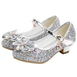 YOSICIL Mädchen Prinzessin Schuhe ELSA Schuhe mit Absatz Anhänger Kristall Schuhe Partei Glitzer Pumps Festliche Schuhe Karneval Party Aufführung Fasching Kostüm Zubehör Schuhe,Silber,34 von YOSICIL