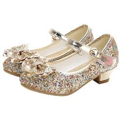 YOSICIL Mädchen Prinzessin Schuhe Elsa Schuhe mit Absatz Anhänger Kristall Schuhe Partei Glitzer Pumps Festliche Schuhe Karneval Party Aufführung Fasching Kostüm Zubehör Schuhe,Gold,38 von YOSICIL