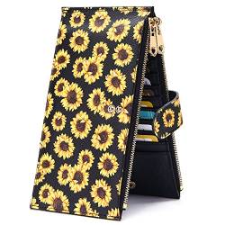 YOUBDM Damen Slim Wallet RFID Blocking Bifold Kreditkartenhalter Leder Multi Card Organizer mit 2 Reißverschlusstaschen, Sonnenblume von YOUBDM