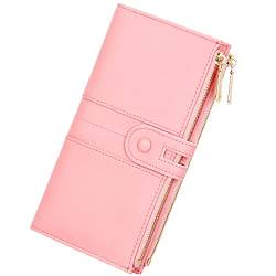 YOUBDM Schlanke Geldbörsen für Frauen Leder Kartenhalter Geldbörse Große Kapazität Bifold Clutch Geldbörse mit Doppelreißverschluss Tasche, Pink von YOUBDM