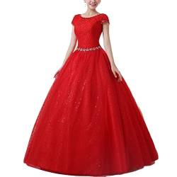 Brautkleid A-Linie Spitzen Hochzeitskleid Damen Maxi Kleider Lang Abendkleid Runde Ausschnitt Kurzarm Brautkleider,Rot,EU44 von YOUCAI